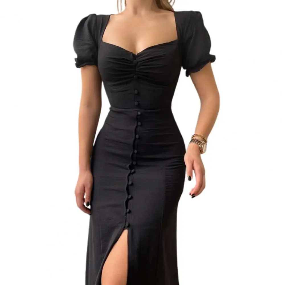 

Женское однобортное платье миди, модное летнее однотонное платье с коротким рукавом-фонариком и разрезом на подоле, с квадратным вырезом, ...