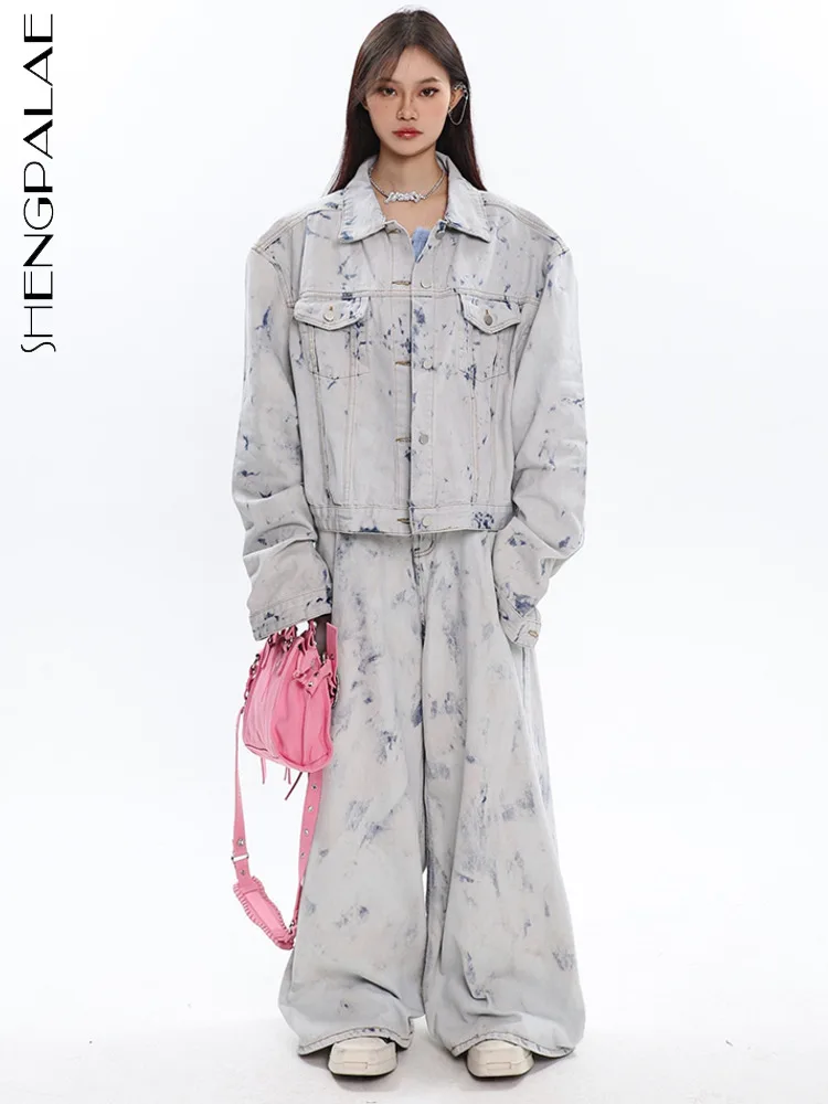 

SHENGPALAE Галстук окрашенный комплект из 2 предметов винтажное высококачественное джинсовое пальто + широкие брюки Y2k одежда для женщин 2023 весна осень 5R1010