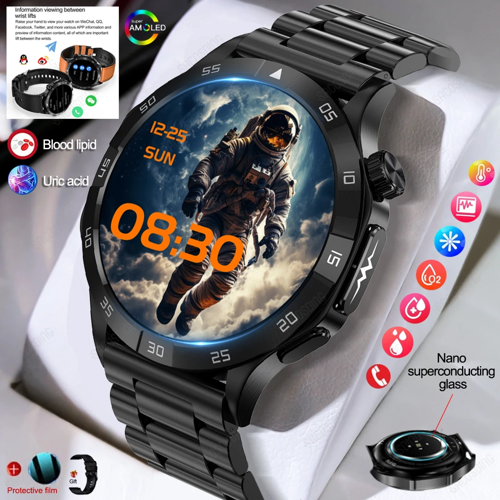 2024 Blood Sugar Smart Watch Health Lipid Uric Acid Monitor Sport ECG+PPG HD Bluetooth Call Men Smartwatch SOS