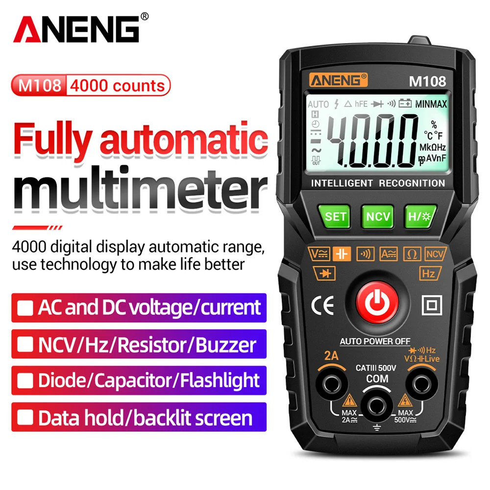 Aneng M108 Mini Multímetro Digital 4000 Contagens Não Contato ac dc Tensão Atual Tester Resistência Capacitância Medidor