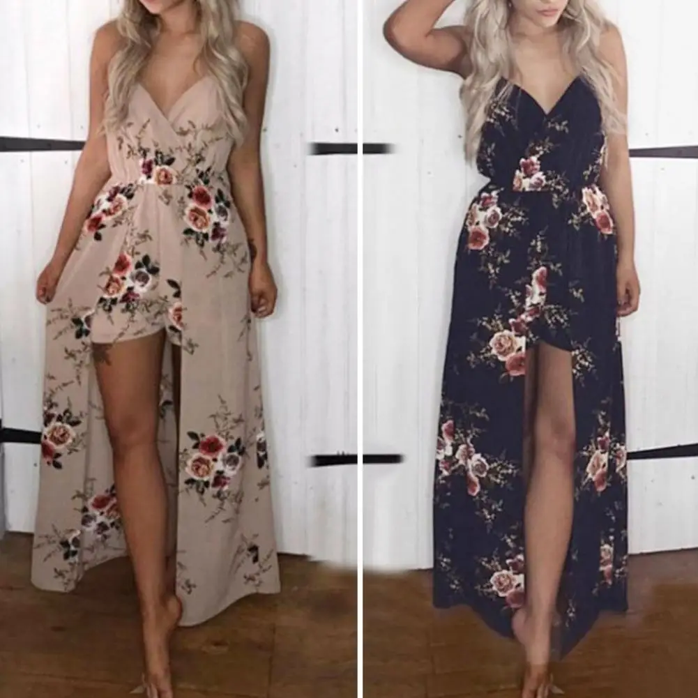 

Women Bohemia Culottes Backless Flower Printing V Neck Sleeveless Spaghetti Strap Dress Up Split Maxi Length Beach Jumpsuit