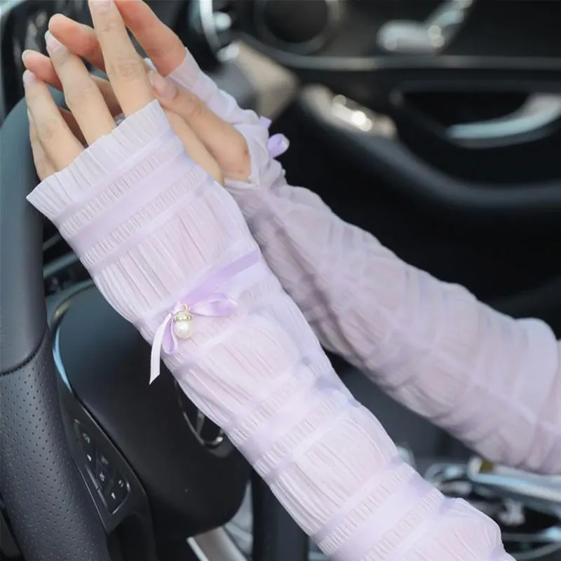 

1 Pair Elegant Long Sleeve Lovely Bow Cool Sun UV Protection Net Yarn Women Arm Covers Running Cycling Sleeves for Arm Women