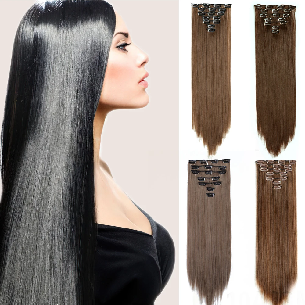   XINRAN Synthetic 16 Clip In Hair Extension Long Straight With High Temperature Fiber 7pcs/set 24 Inch Synthetic HairPiece 