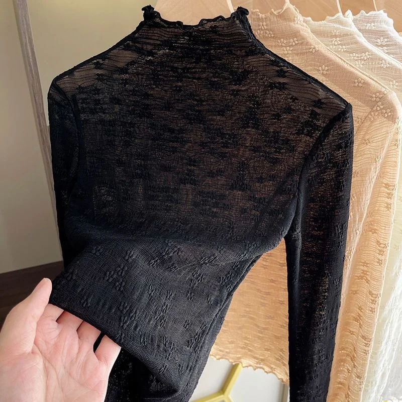 Белая сетчатая кружевная блузка с низом Женская приталенная рубашка во