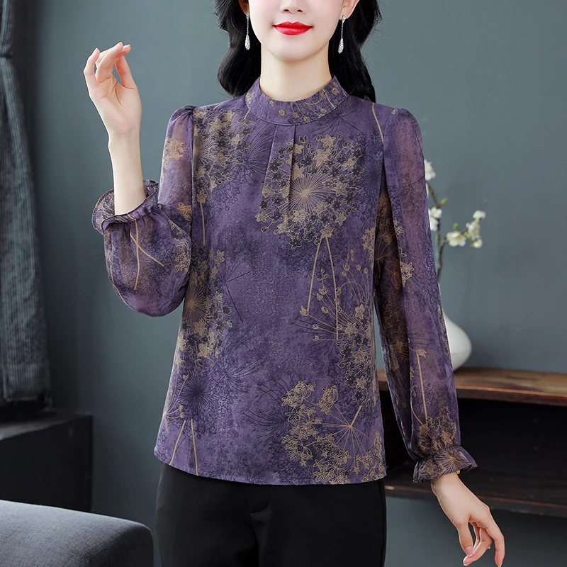 Женская шифоновая блузка с длинным рукавом и воротником-стойкой