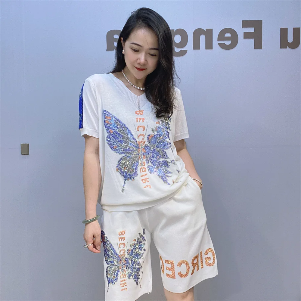 Блестящий Женский трикотажный комплект из двух предметов с блестками и