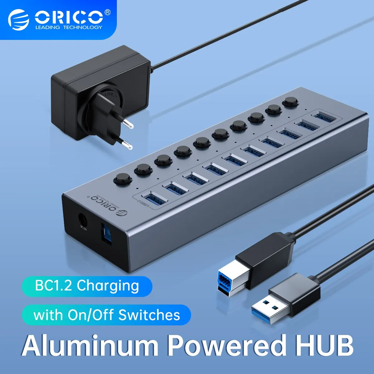   ORICO USB3.0 허브 맥북 휴대 전화 태블릿 용 12v 전원 어댑터가있는 알루미늄 산업용 7 포트 스플리터 스플리트 스위치 