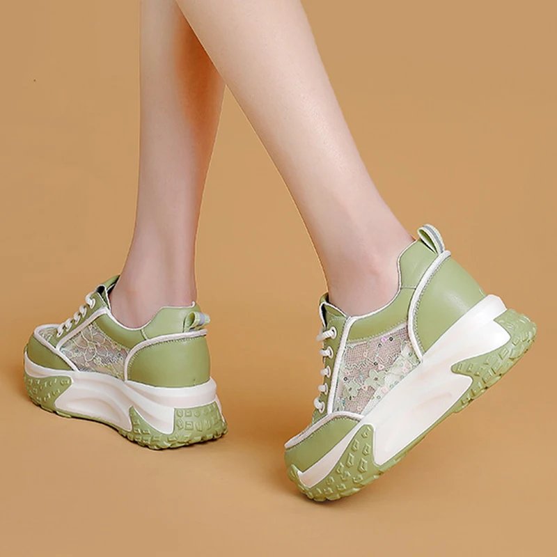 Chunky Air Mesh Breathable Sneakers Fashion Genuine Leather Women Vulcanize New Female Summer Comfy Lace Up Fashion Ladies Shoes