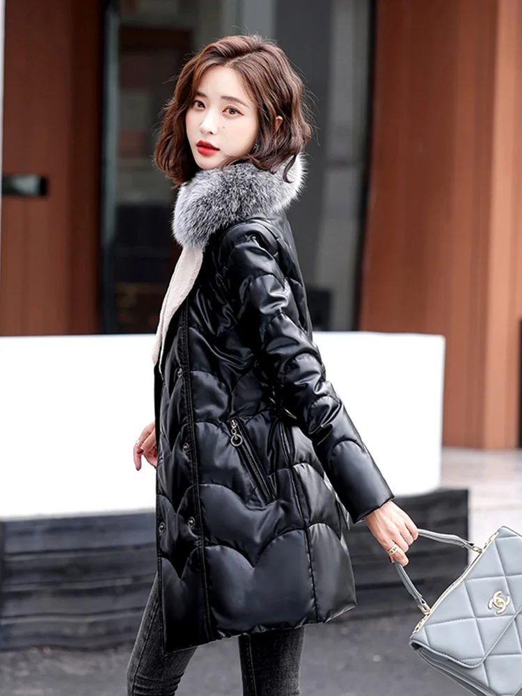 New Women Leather Down Coat Casual Fashion Real Fox Fur Turn-down Collar Belt Slim Sheepskin Down Outerwear Thicken Warm Jacket