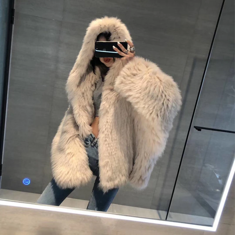 Hooded Fox Fur Jacket Women's Winter Mid-Length Young Woven Imitation Fur Plush Coat