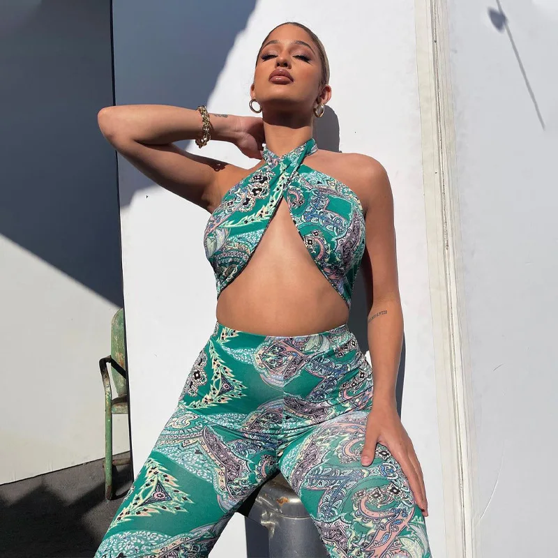 European-American Women's New Style 2023 Summer Sexy Hollow Hanging Neck Wrap Chest Fashion Printed Jumpsuit