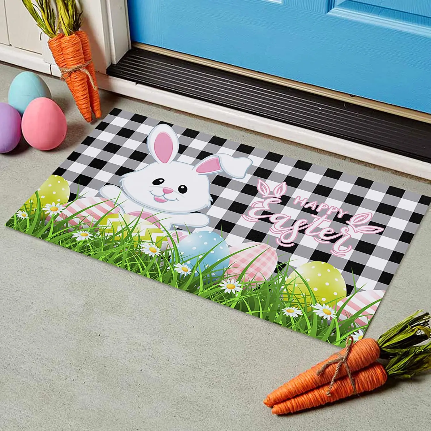

Easter Doormat Bunny Easter Eggs Entrance Door Rug Black Buffalo Plaid Check Spring Floor Mat for Easter Day Welcome Doormat
