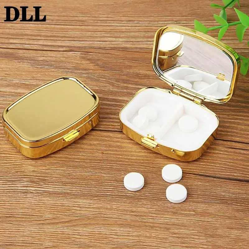 

Portable Pill Box Silver Metal Rectangle Round Pill Box Drug Holder Medicine Tablet Capsule Box Container Storage Travel