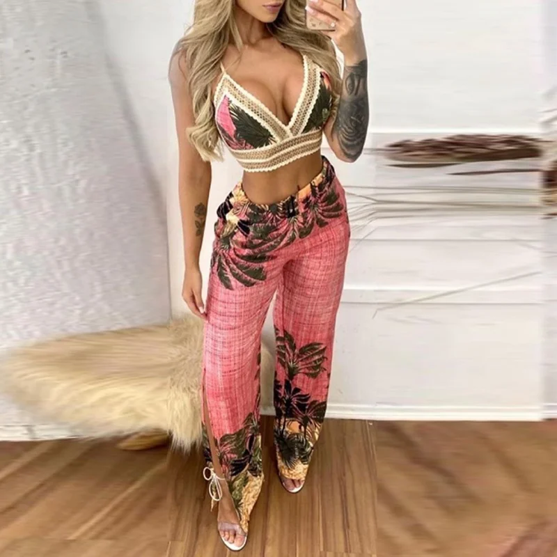 

Ladies Summer Vacation Set Lace Tailored Top and Slit Pants Set Print Style Waist Material Decoration Origin Gender Season Age