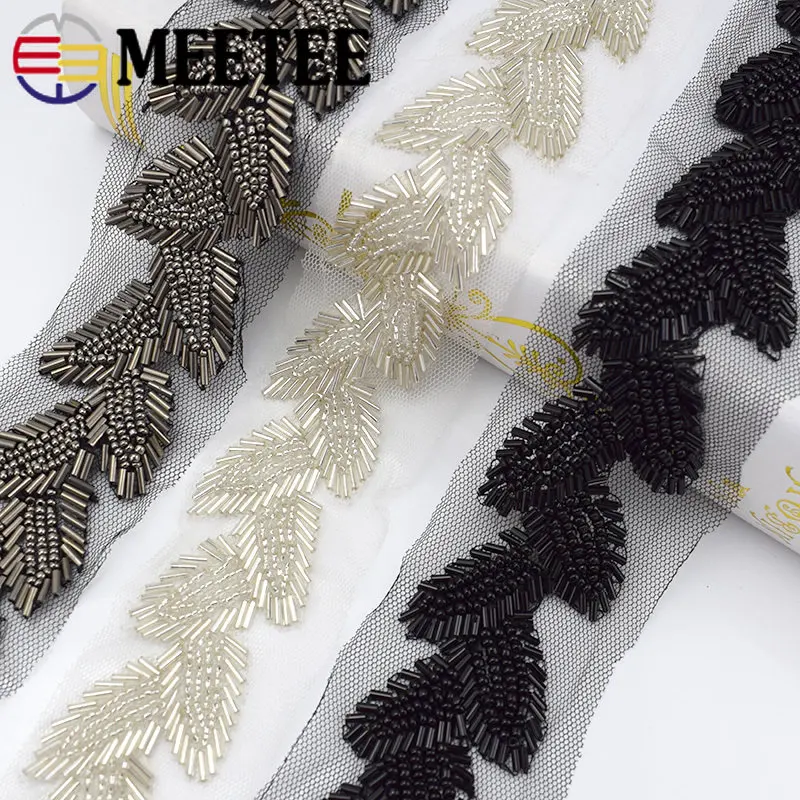 

Meetee 6cm Pearl Beaded Lace Trims Leaf Mesh Fabric Lace Ribbon Tape Weding Dress Collar Headdress Lace Applique DIY Crafts