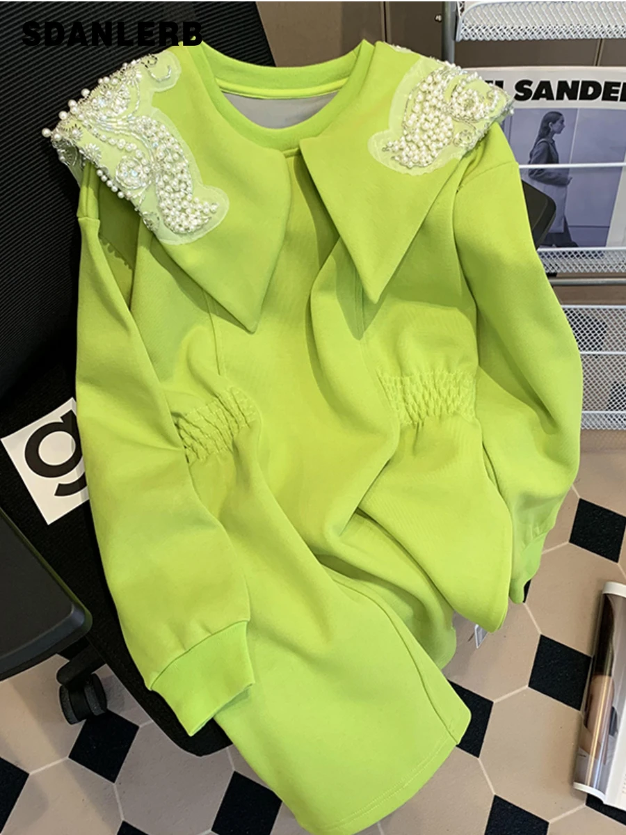 

Платье-свитшот с кукольным воротником и бусинами в тяжелой промышленности, Новинка весна-осень, модное повседневное облегающее платье сред...