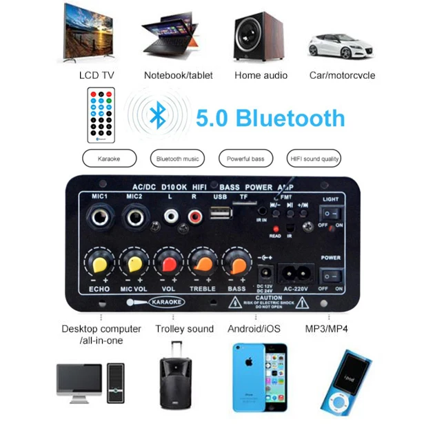

Цифровой Bluetooth стереоусилитель переменного тока 220 В, 12 В, 24 В, плата сабвуфера, двойной микрофон, усилители для караоке, для колонок 8-12 дюймов