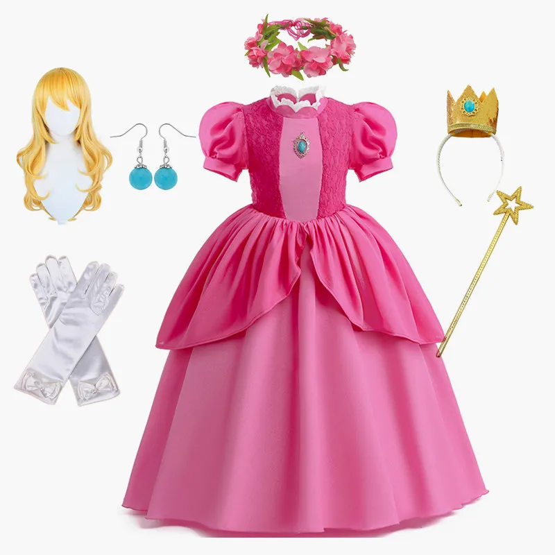 

Peach Princess Cosplay Dress Girl Game Role Playing Costume Birthday Party Stage Performace Bodysuit Kids Carnival Fancy Gowns