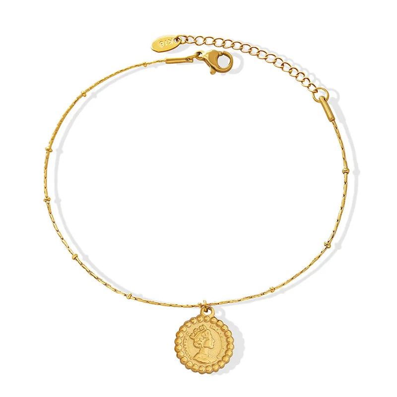 

European and American Personality Design Round Slender Beaded Anklet Stainless Steel Plated 18K Gold Jewelry