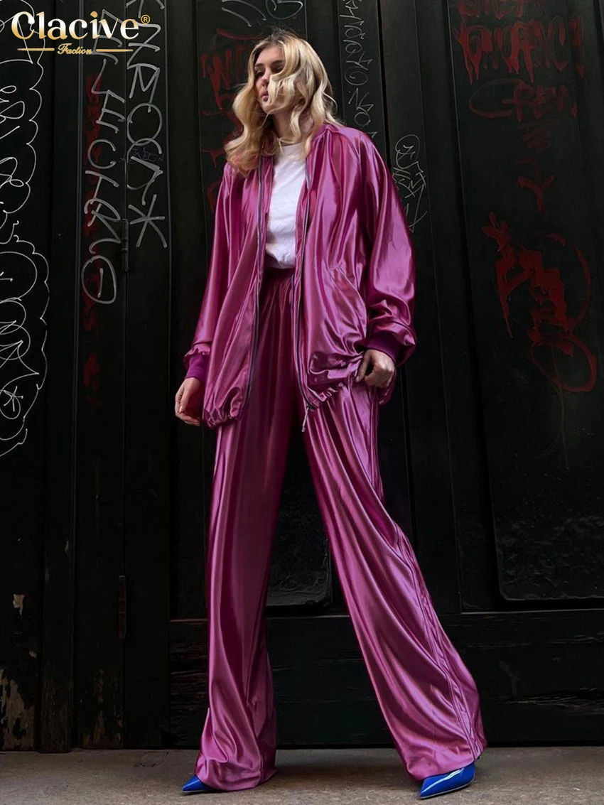 

Clacive Fashion Loose Purple Satin 2 Piece Sets Women Outfit 2024 Elegant Long Sleeve Zip Top With High Waist Wide Pants Set