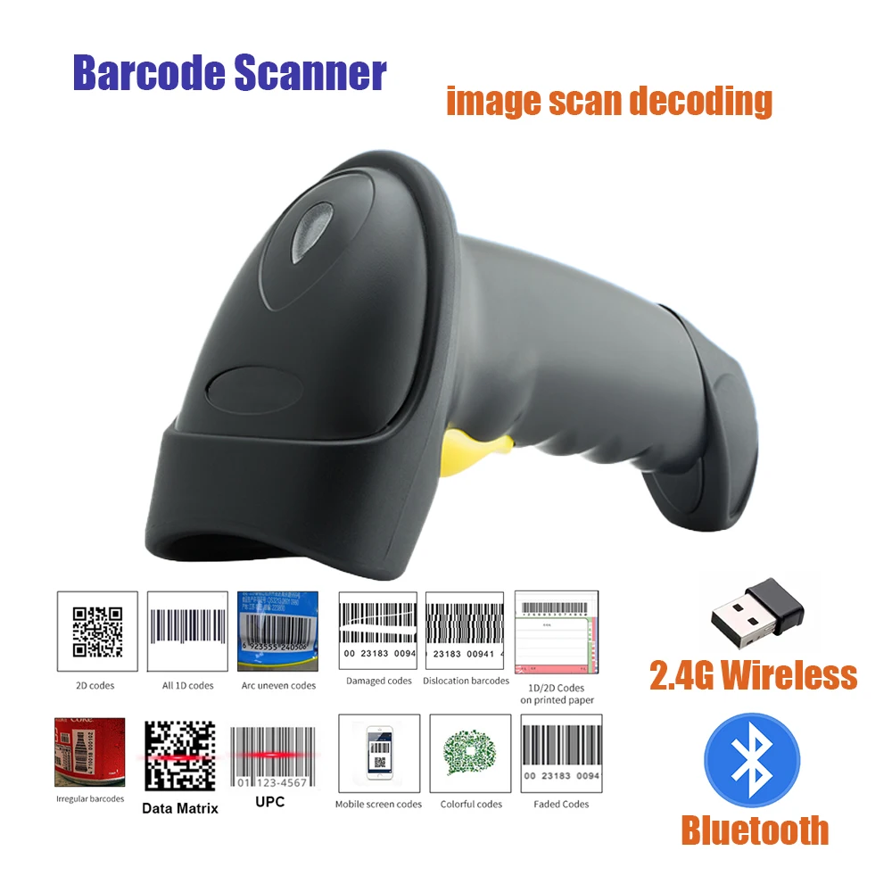 

1D/2D Barcode Scanner QR code 2.4G Bluetooth Wireless Handheld Data matrix PDF417 Bar code Reader for store supermarket payment