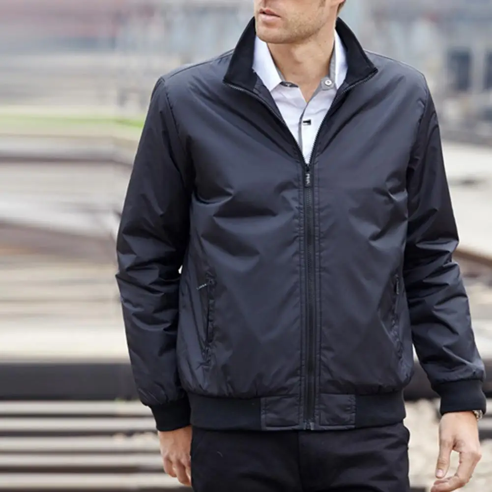 

Solid Color Stand Collar Zipper Cardigan Spring Jacket Wear-resistant Zip Up Men Coat Casual Elastic Hem Men Jacket For Work