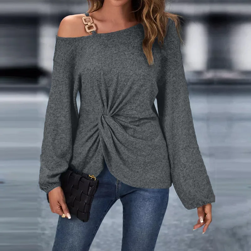 

Women Fashion Casual Loose Daily Wear Long Sleeve T-Shirts Cold Shoulder Chain Decor Buttoned Top