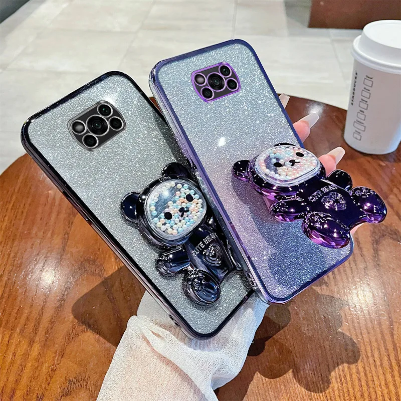 6D Роскошный чехол-держатель для телефона с блестящим зыбучим песком и медведем: