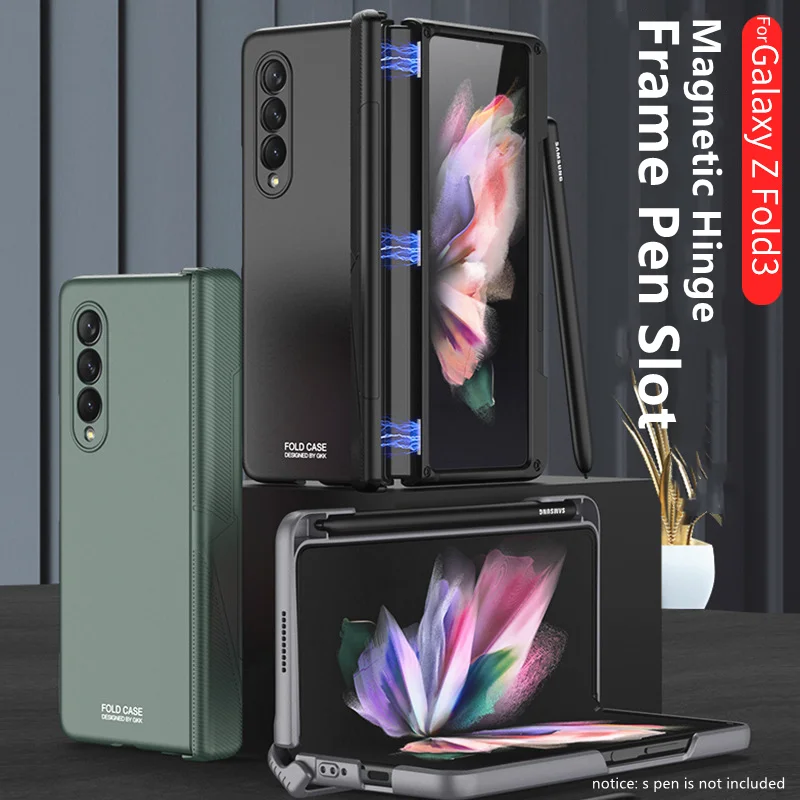 

Магнитный шарнирный чехол со встроенным S-образным держателем для ручек, чехол для Samsung Galaxy Z Fold 3, жесткий пластиковый чехол для телефона с за...