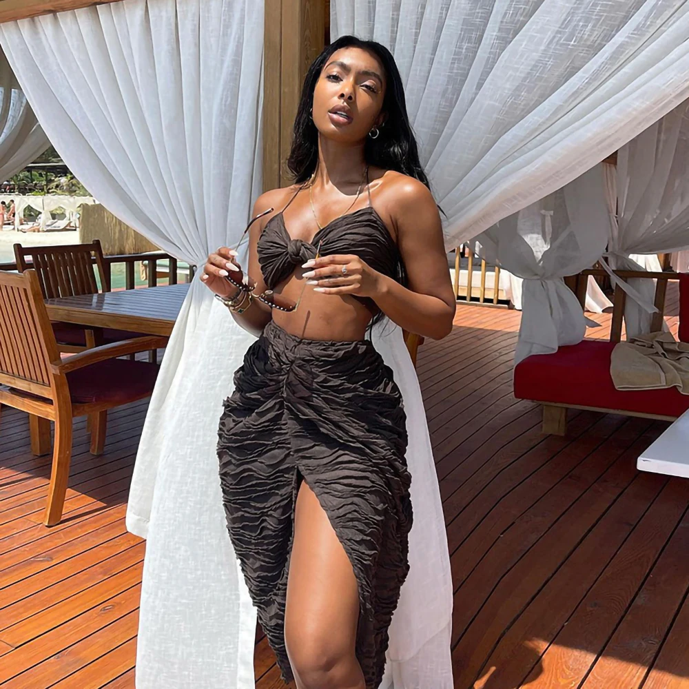 

Solid Color Fashion Halter Gathered Bikini Sexy Backless Beach Split Bubble Long Skirt Elegant And Chic Swimwear Beachwear Women