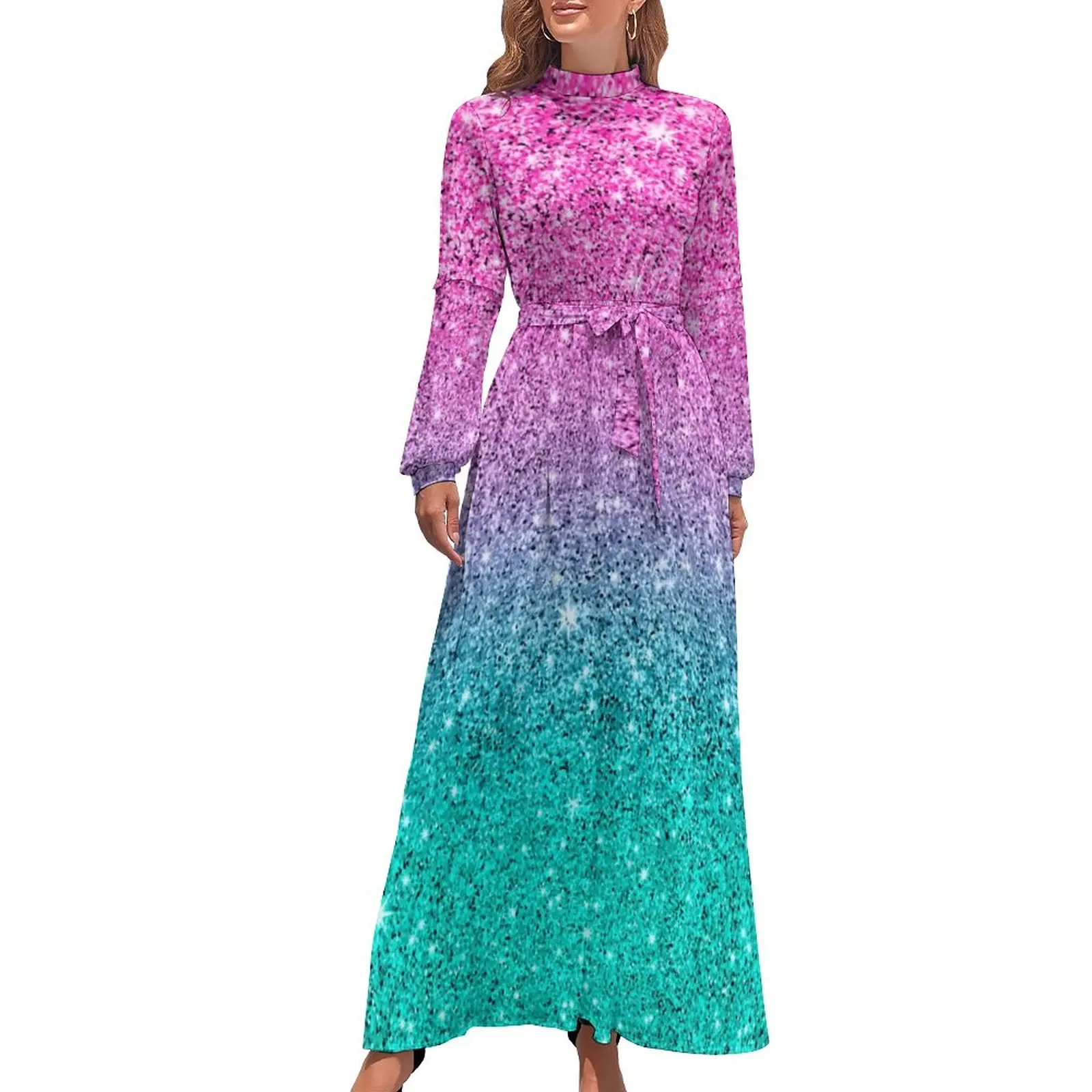

Glitter Ombre Dress High Waist Abstract Sparkles Print Bohemia Dresses Long-Sleeve Korean Fashion Long Maxi Dress Kawaii Clothes