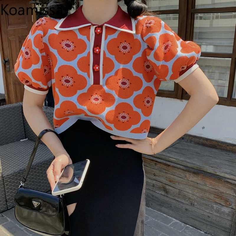 

Koamissa Retro Women Knitted T-shirt Short Sleeves Polo Summer Pullovers Korean Loose Student Tshirts Chic Cropped Tops De Mujer
