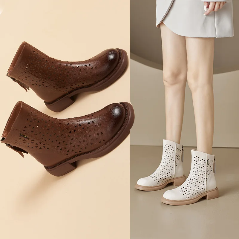 2023 Autumn Women Hollow Out Shoes Summer Fashion Vintage Boots Zippered Elevated Shoes Sandals Ankle White Boots  Ankle Boots