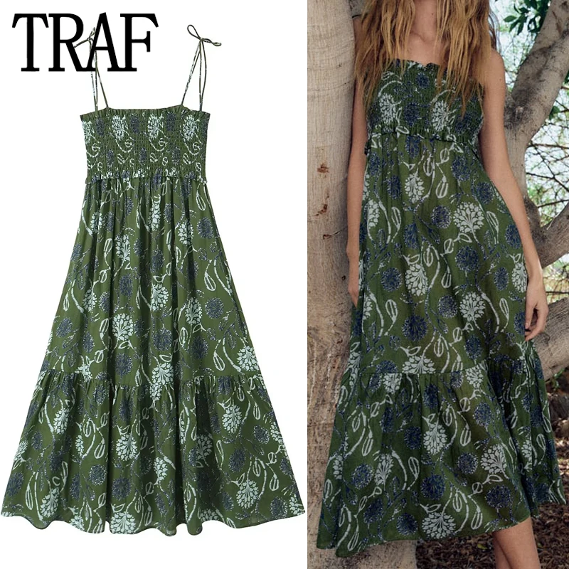 

Зеленое платье-комбинация с принтом TRAF, женское пляжное длинное платье с оборками, женские платья средней длины, повседневные летние женски...