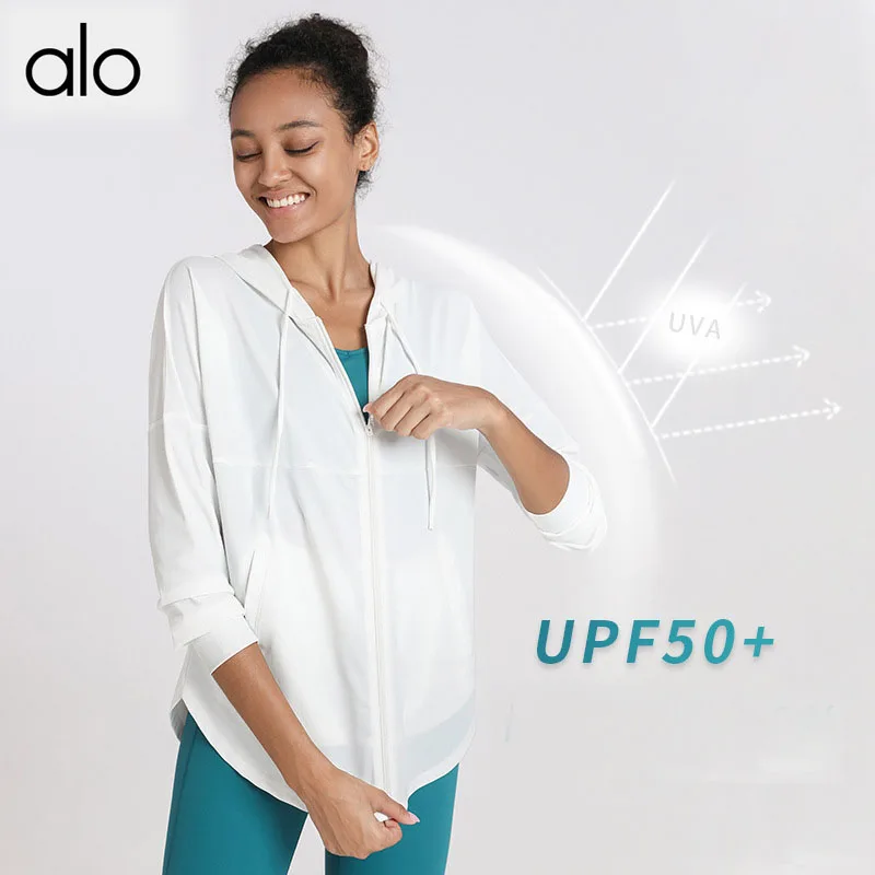 

Alo Yoga Women Loose Fit Long Sleeve Shirts With Hooded UV Protection UPF+50 Fitness Coat Workout Gym Clothes Summer Jackets