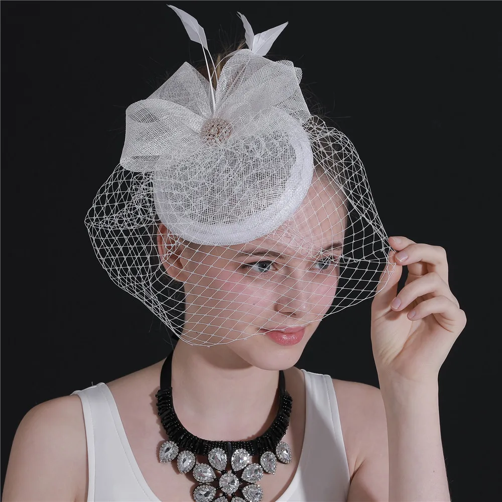 

Vintage Women White Bridal Mesh Fascinator Hat Veils Flower Hair Clip Headwear Derby Church Wedding Cocktail Event Feather Hat