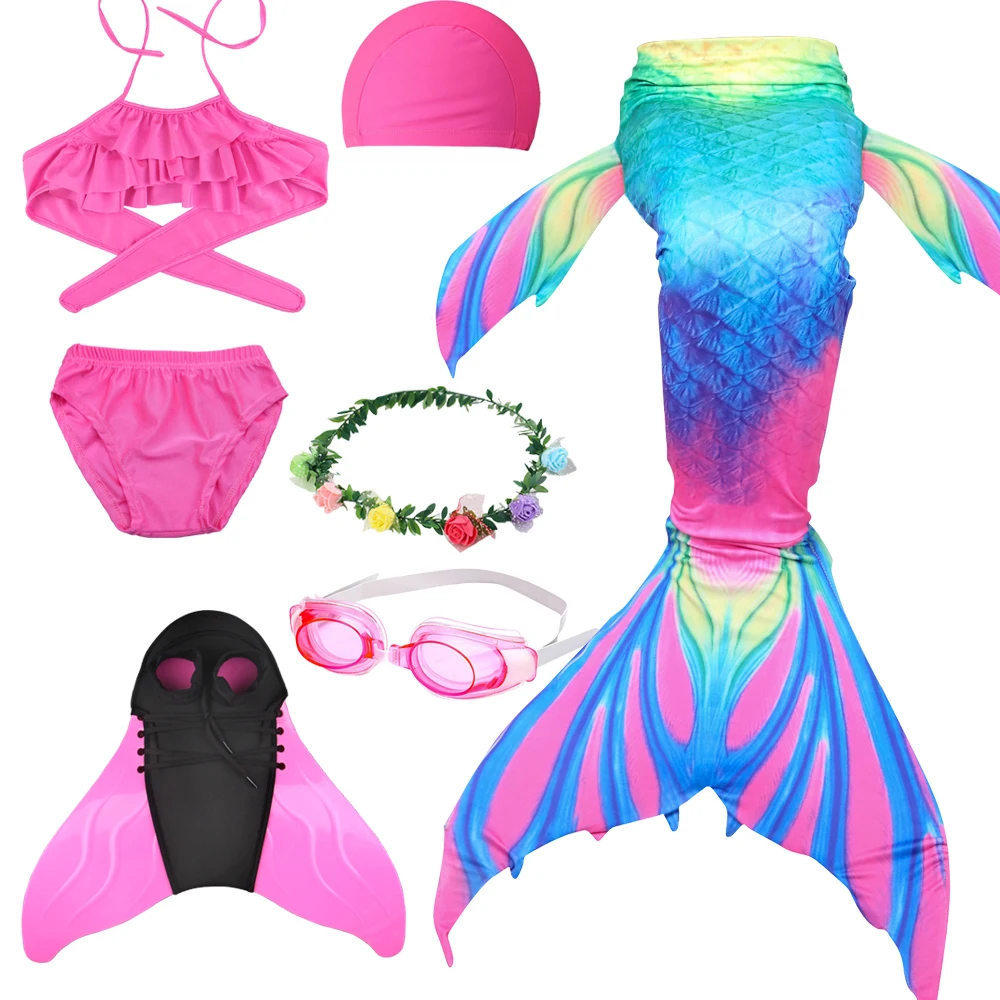 Anime Girls Little Mermaid Tails with Flippers for Swimming Hat Shorts Glasses Cosplay Costume Kids Swimmable Bathing Suit