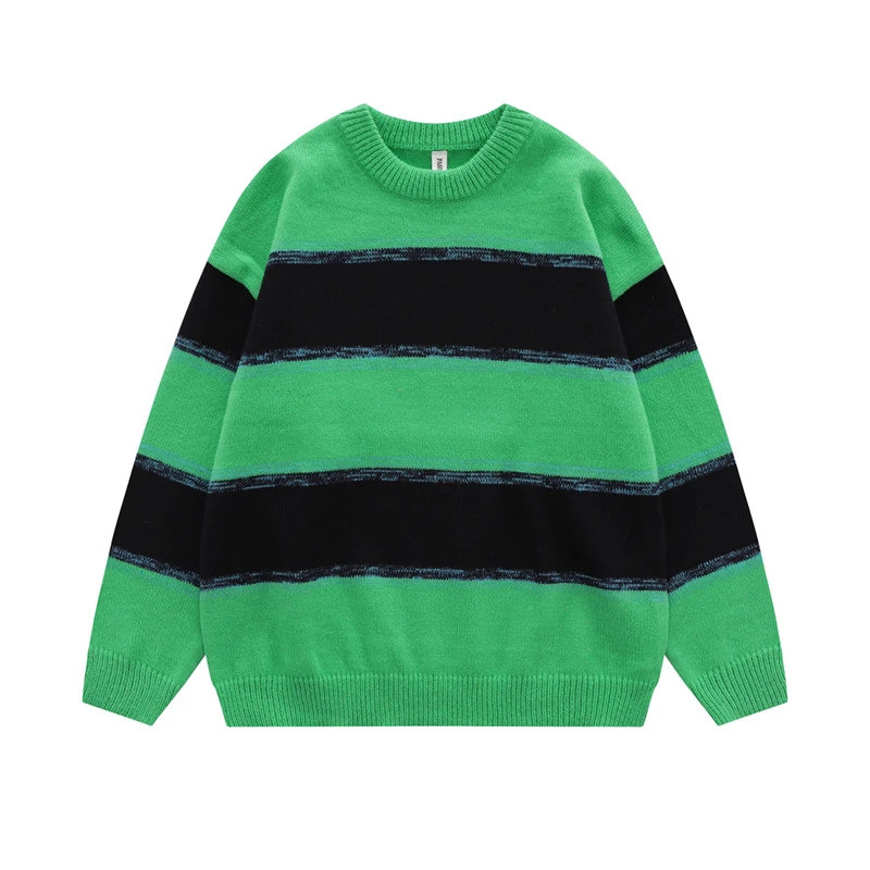 

Hip Hop Color Match Striped Patchwork Pullover Sweaters Male and Female Retro Harajuku Round Neck Loose Knitted Clothes