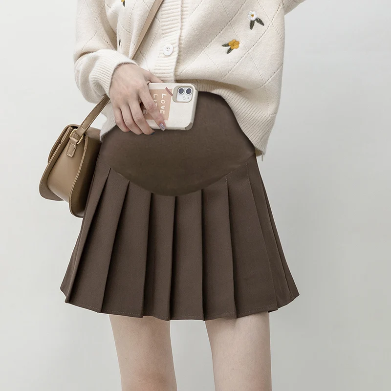 

8883 2022 Spring Autumn Fashion Pleated Solid Maternity Skirts Elastic Waist Belly A line Mini Skirts Clothes for Pregnant Women