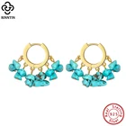 Женские серьги-кольца из серебра 925 пробы с бирюзовыми бусинами