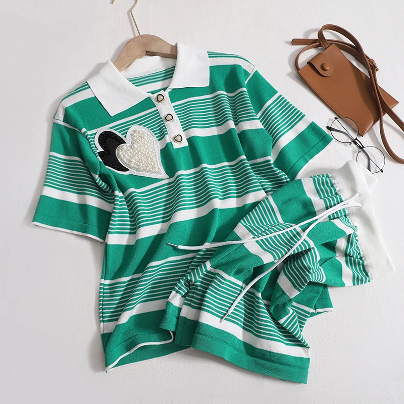 

Женский вязаный свитер с бисером, топ с коротким рукавом, комплект из двух предметов в полоску, летние женские свободные шорты на шнуровке с широкими штанинами, повседневные Костюмы