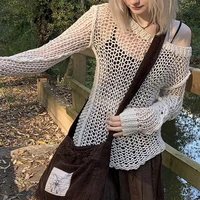 womens crochet hollow out tshirt bikini cover up sexy long sleeve knitting fairy grunge pullover top vintage streetwear