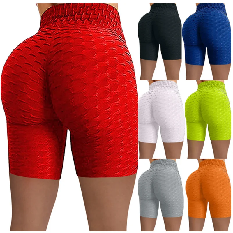 

Women's Yoga Shorts High Waist Buttocks Sports Fitness Jacquard Bubble Yoga Pants Solid Color Five Points Elastic Sexy Shorts