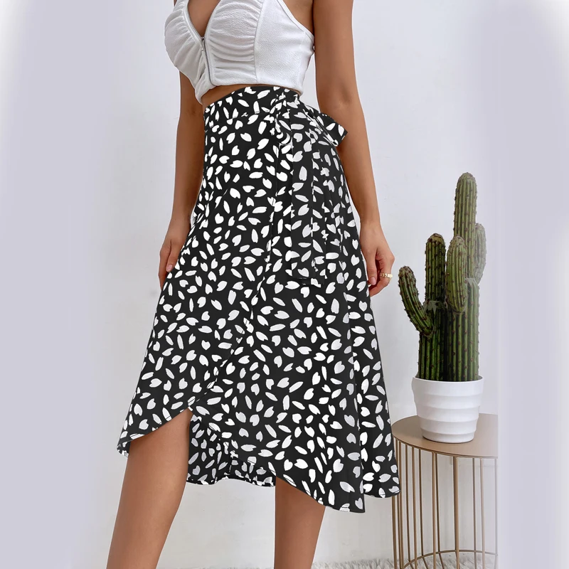 

Юбка Женская длинная в горошек, с разрезом и завышенной талией, с боковым тонким поясом, трапециевидная юбка в европейском и американском ст...