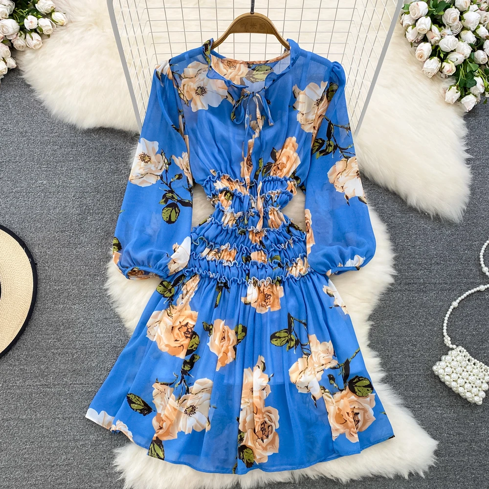 

Autumn Gentle Wind Retro Temperament Bubble Long Sleeve Round Collar Waist Slim Printed Chiffon Dress