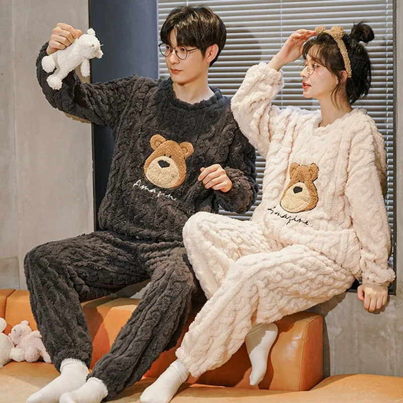 QUHENG Flannel Pajamas for Women Suit Winter Long Sleeved Thick Couple Sleepwear Two-piece Set Cute Soft Men Home Wear Clothes