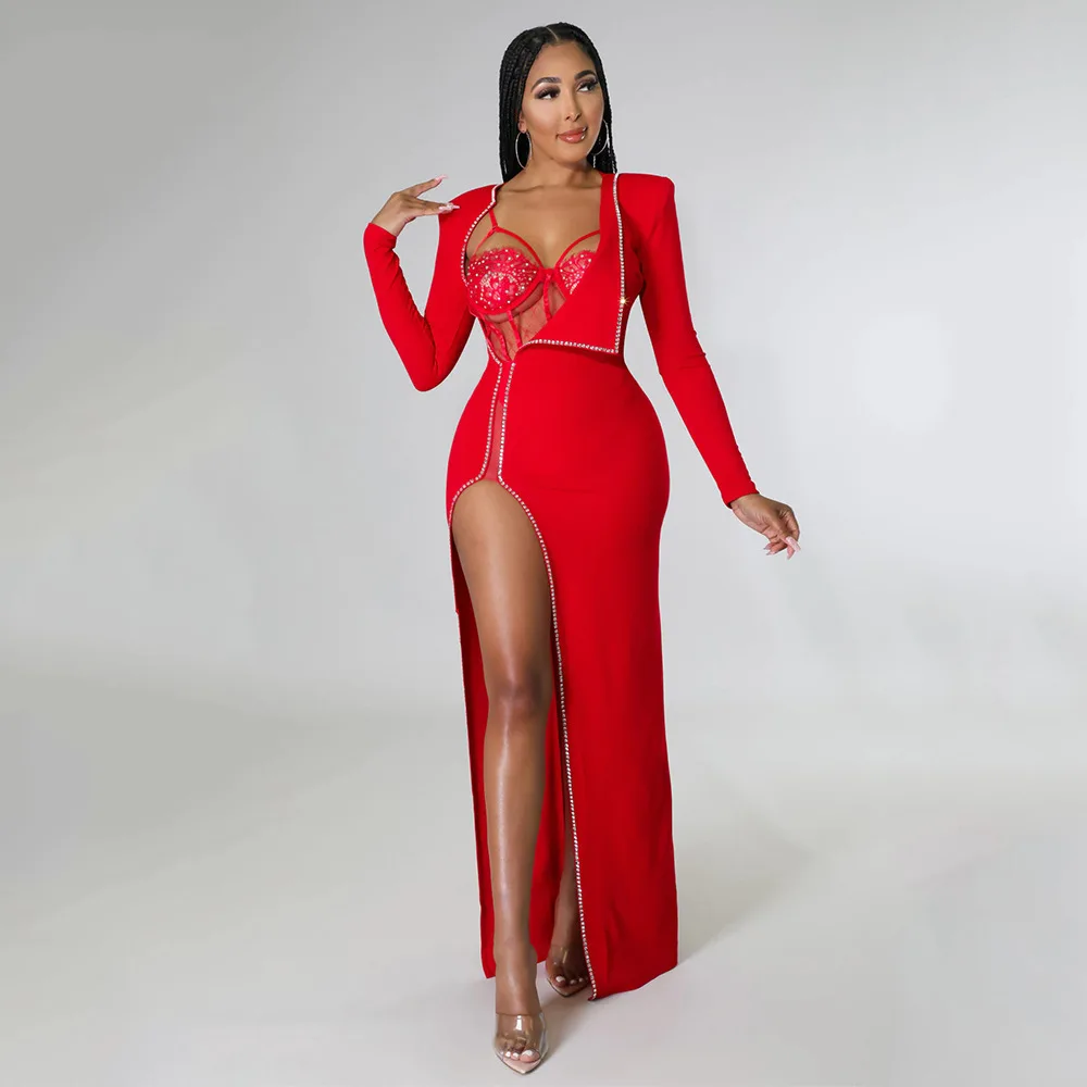 Women Sexy Prom Evening Dress Diamond Design Long Sleeve Elegant Party Dress Fashion Bodycon High Split Nightclub Dresses