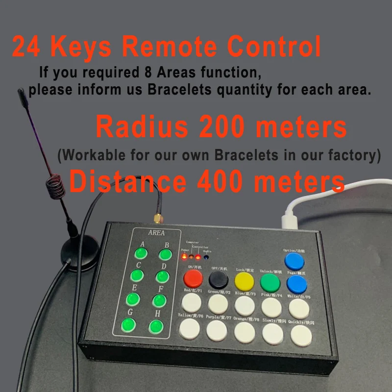 Дешево Светодиодные силиконовые браслеты из ТПУ с 24 клавишами, 400 метров, 433,92 МГц, 8 областей, пульт дистанционного управления, светящиеся браслеты ...