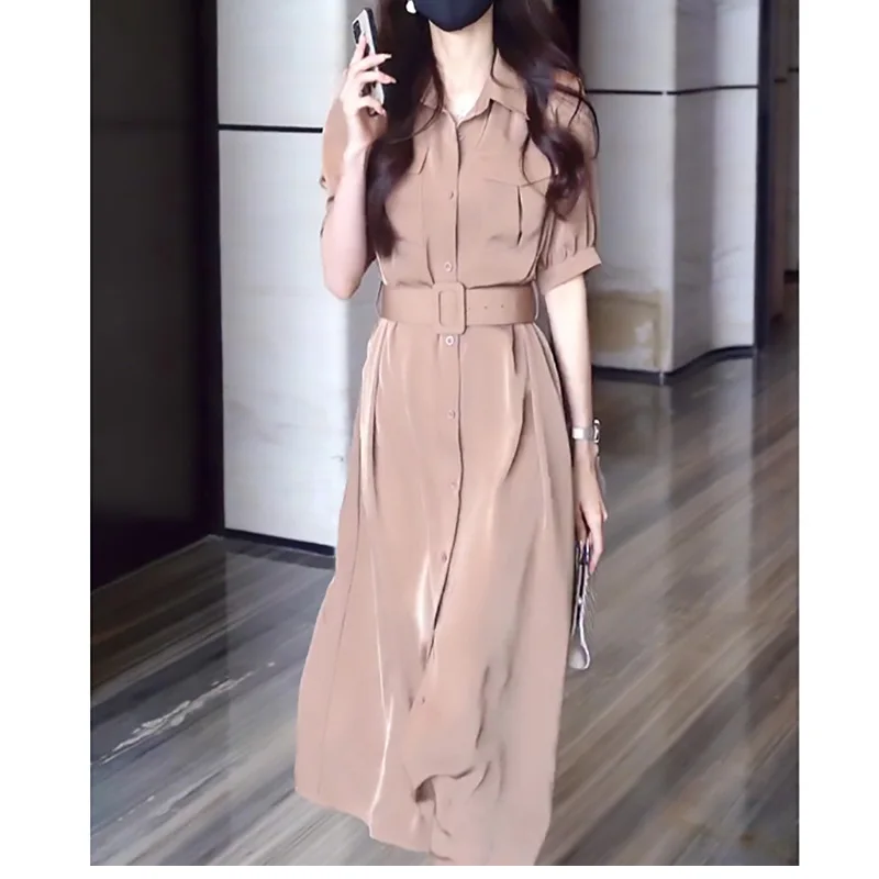 

France Style Long Women Dress Shirt Dress Pink Summer Literary Style Temperament Fashion Age-reducing Smooth Light Elegant