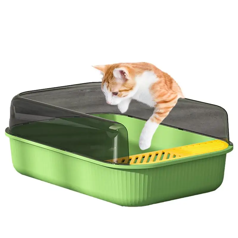 Semi-enclosed Cat Litter Pan Cat Toilet Litter Box Holds Odo